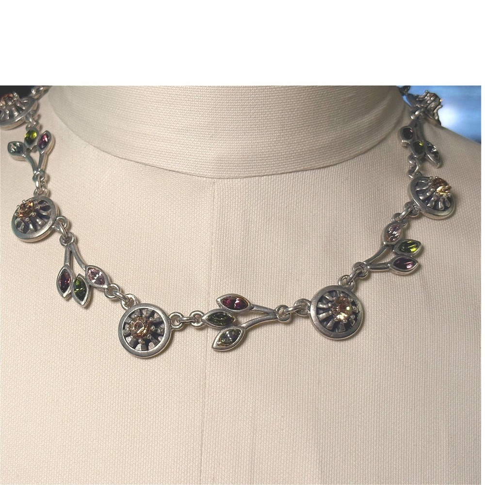 Vintage Chico's Floral Crystal‎ Necklace Medallion and Leaf Charms